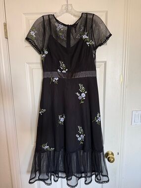 Forever 21 Black Midi Dress with blue Floral Embroidery